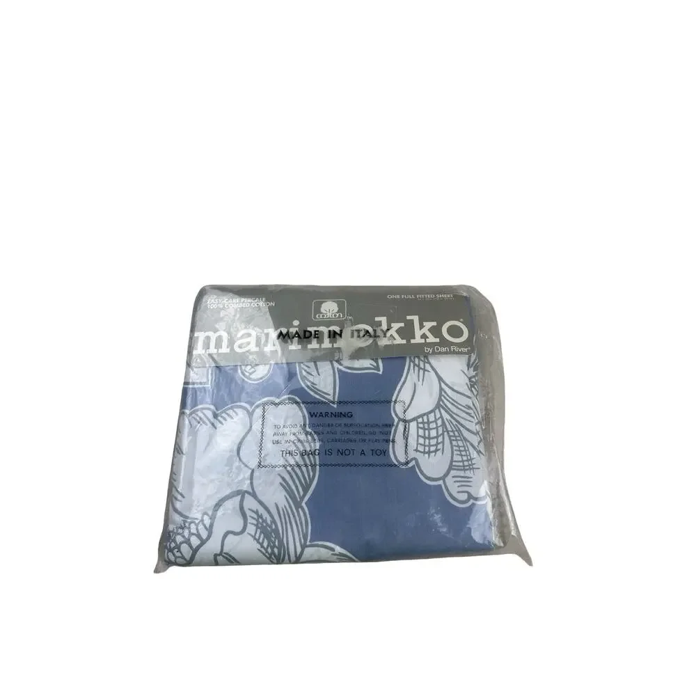 Vintage Marimekko by Dan River Full Fitted Sheet Blue Floral 100% Cotton NOS